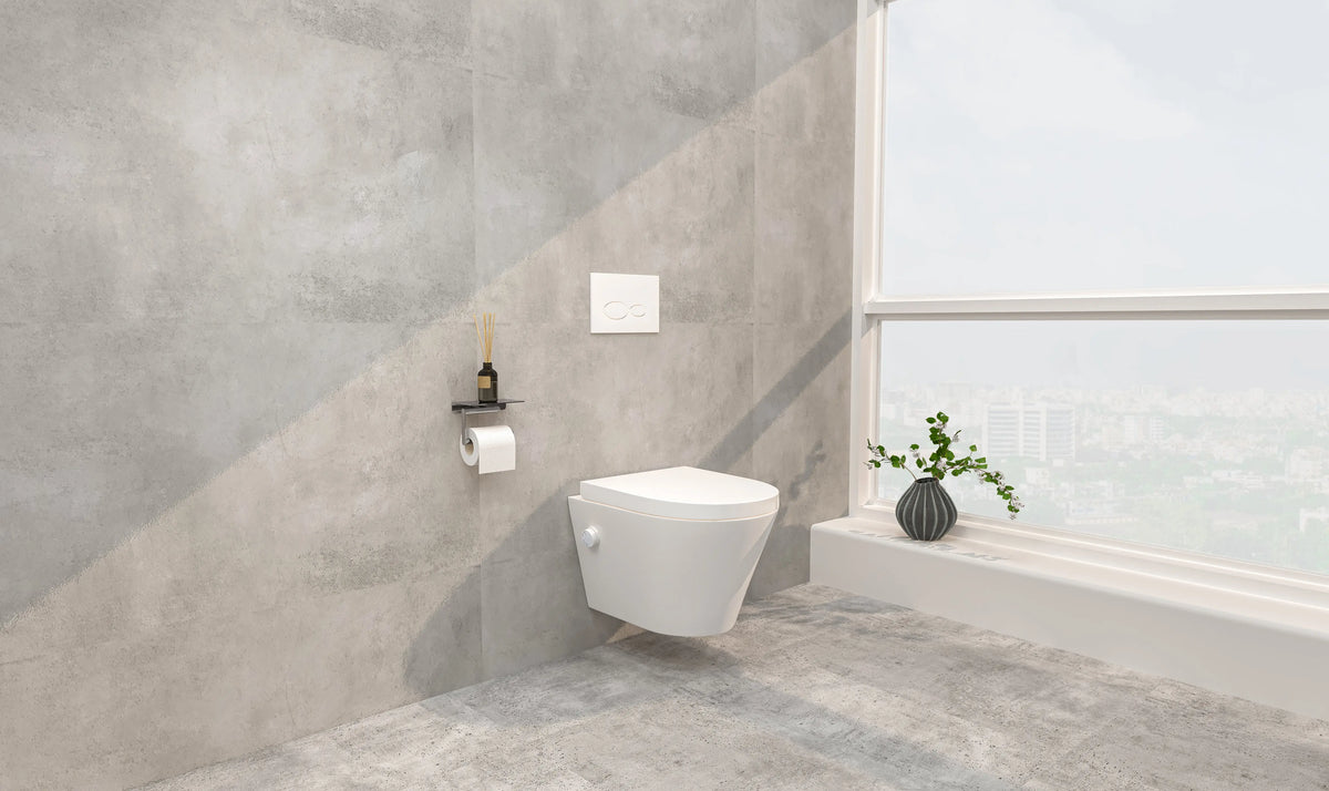 Vesta wandcloset rimless met bidetkraan warm koud water met Vesta toiletzitting mat wit