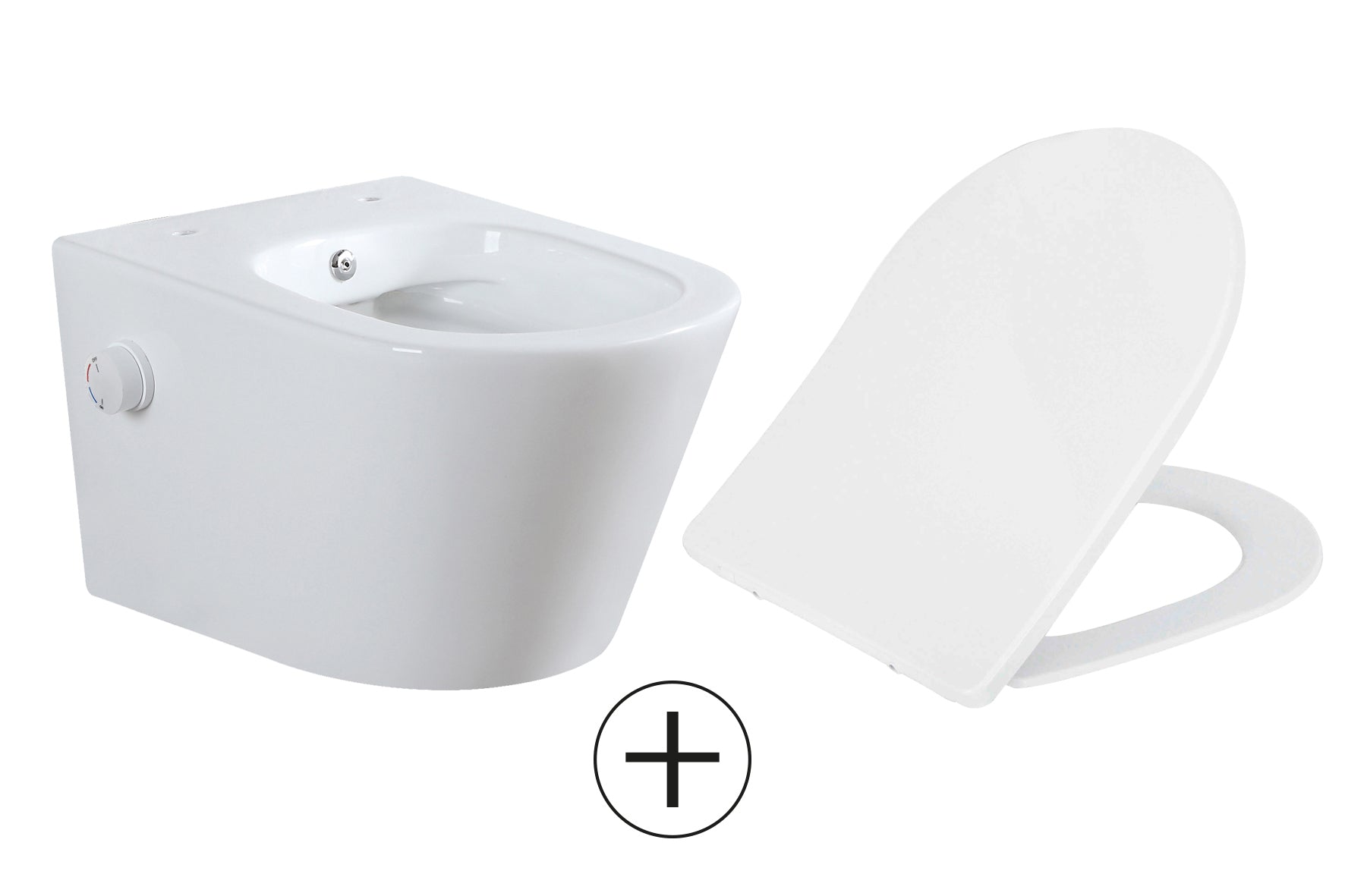 Vesta wandcloset rimless met bidetkraan warm koud water met Shade slim toiletzitting glans wit