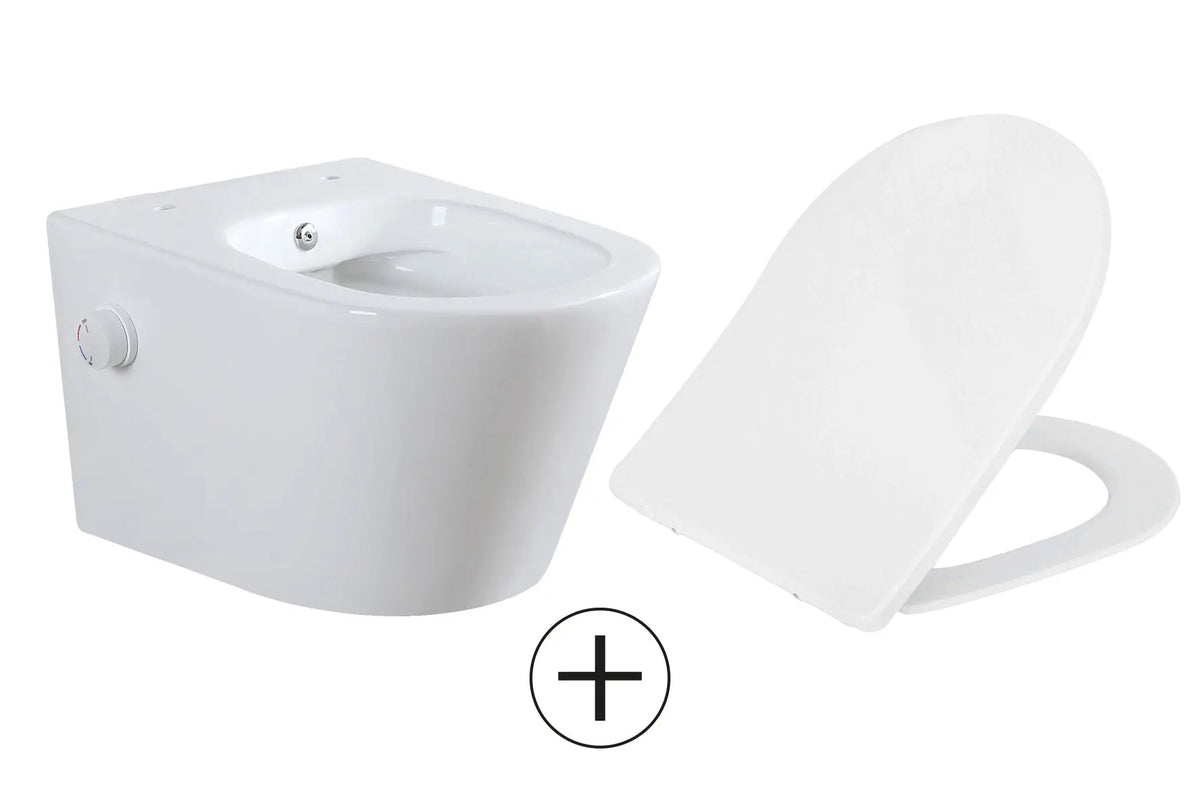 Vesta wandcloset rimless met bidetkraan warm koud water met Shade slim toiletzitting glans wit