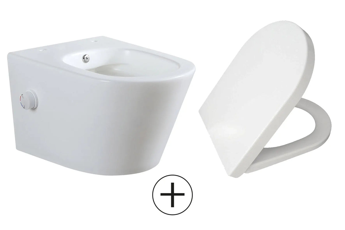 Vesta wandcloset rimless met bidetkraan warm koud water met Shade slim toiletzitting mat wit