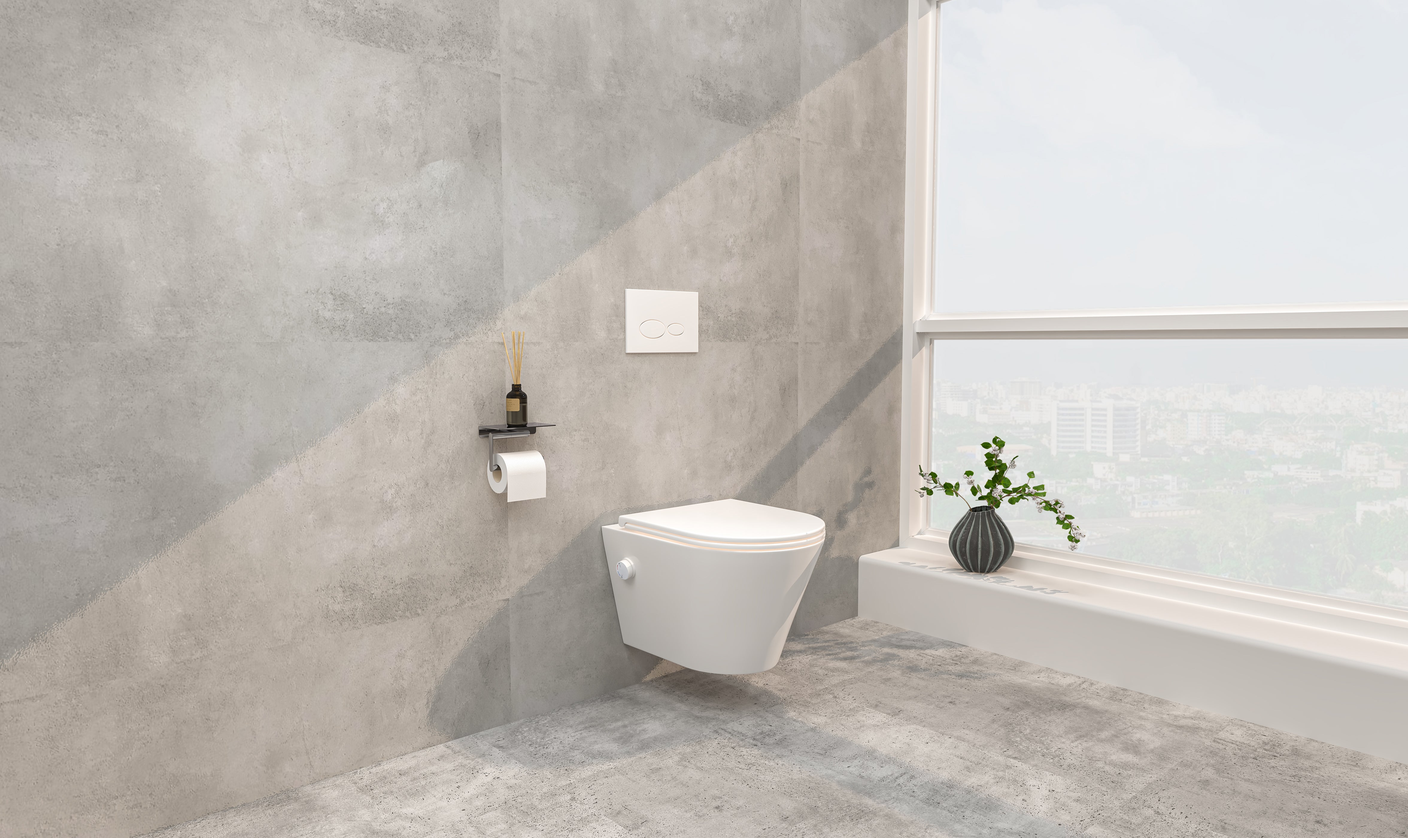 Vesta wandcloset rimless met bidetkraan warm koud water met Flatline toiletzitting glans wit