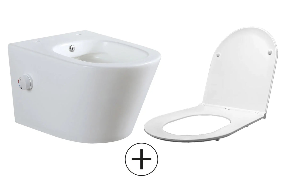 Vesta wandcloset rimless met bidetkraan warm koud water met Flatline toiletzitting mat wit