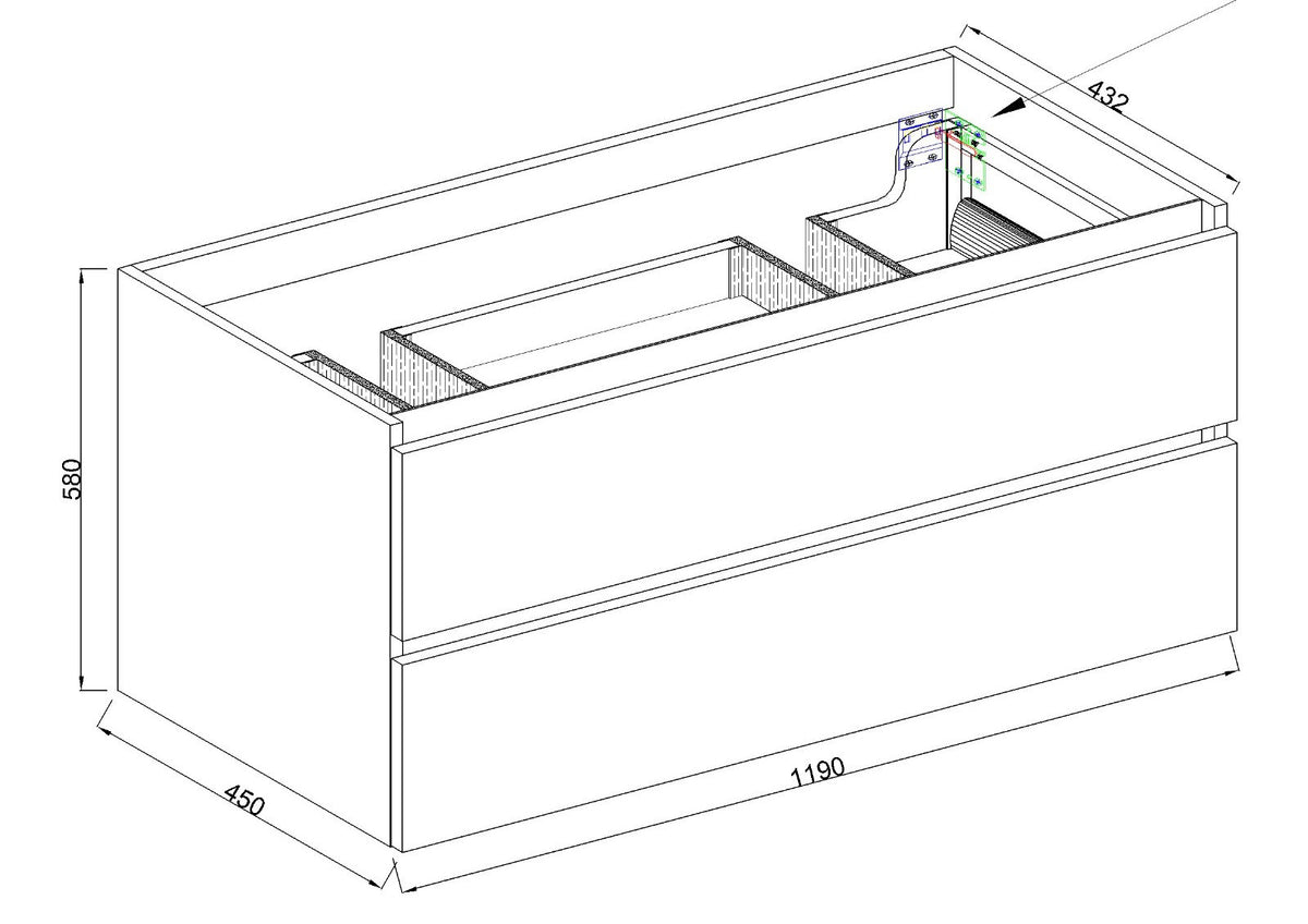 Wiesbaden Marmaris onderkast met 2 laden 2 uitsparingen 120 x 45 cm mat zwart, maattekening