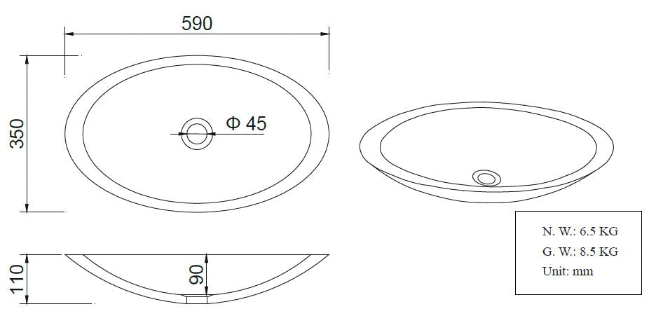 Kim waskom ovaal 59 x 35 x 11 cm solid surface mat wit