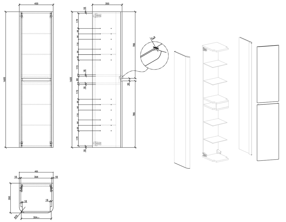Wiesbaden Novira kolomkast afgeronde hoeken 160 x 40 x 35 cm mat wit, maattekening