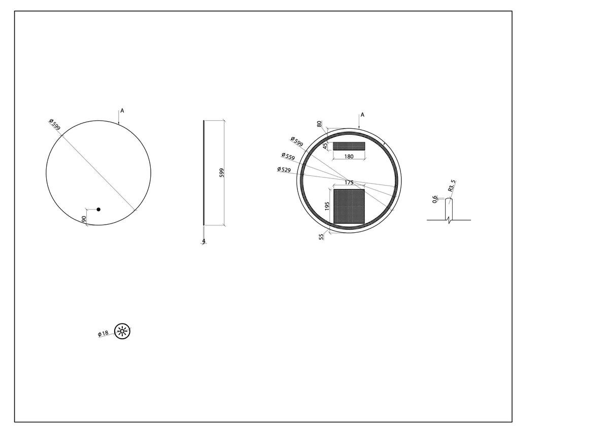 Wiesbaden Novi spiegel rond met LED, dimbaar 60 cm geborsteld messing, maattekening