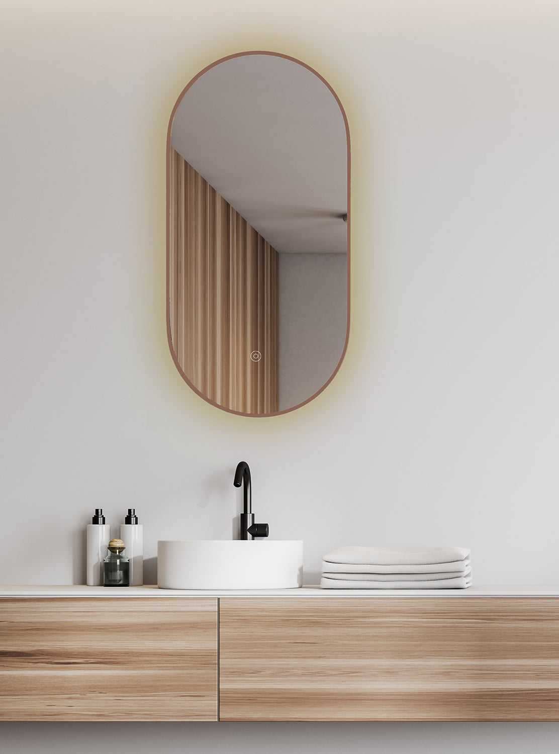 Wiesbaden nomi spiegel met lijst ovaal met LED, dimbaar en spiegelverwarming 50 x 100 cm geborsteld brons koper