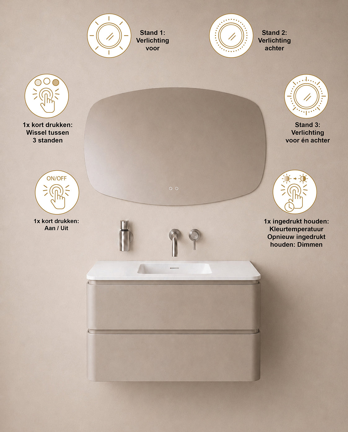 Wiesbaden lumora spiegel rechthoek met afgeronde hoeken met LED, dimbaar en spiegelverwarming 100 x 65 cm