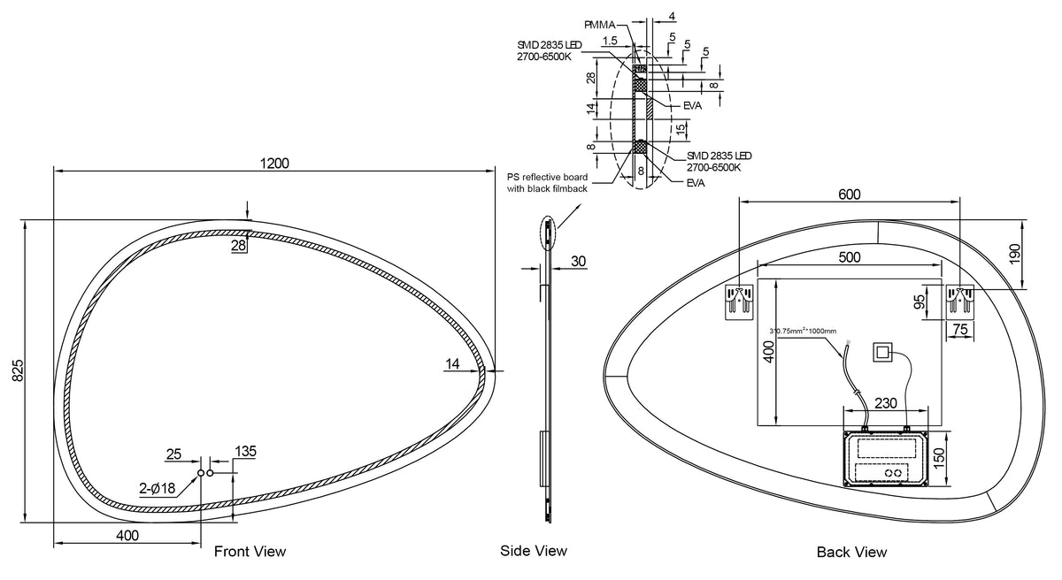 Wiesbaden lumora spiegel organisch met LED, dimbaar en spiegelverwarming 120 x 80 cm, maattekening