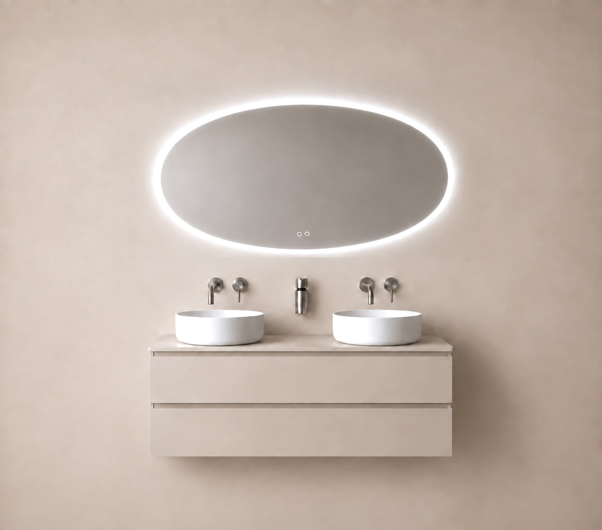 Wiesbaden oliva spiegel ovaal met LED, dimbaar en spiegelverwarming 140 x 70 cm
