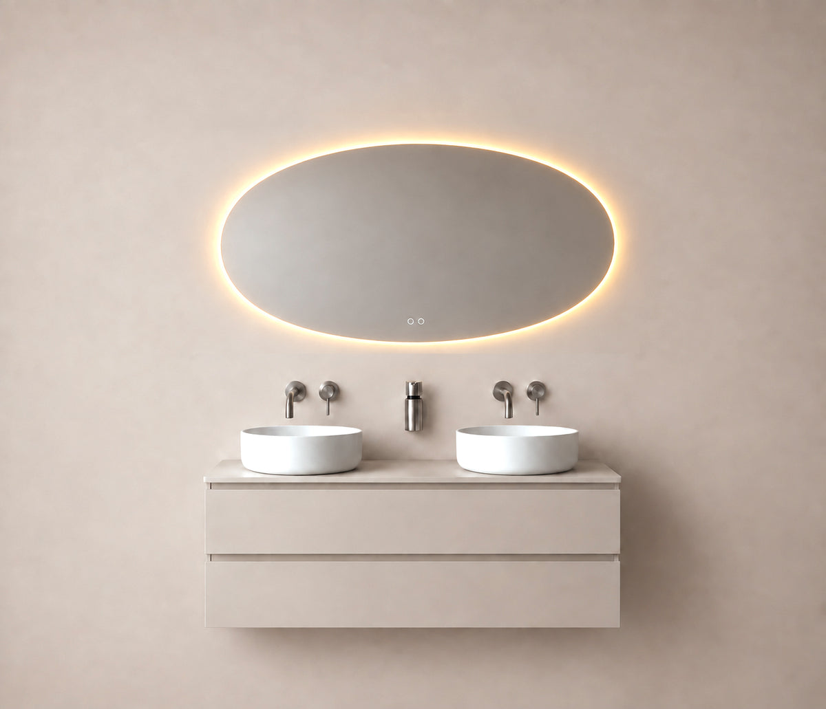 Wiesbaden oliva spiegel ovaal met LED, dimbaar en spiegelverwarming 140 x 70 cm