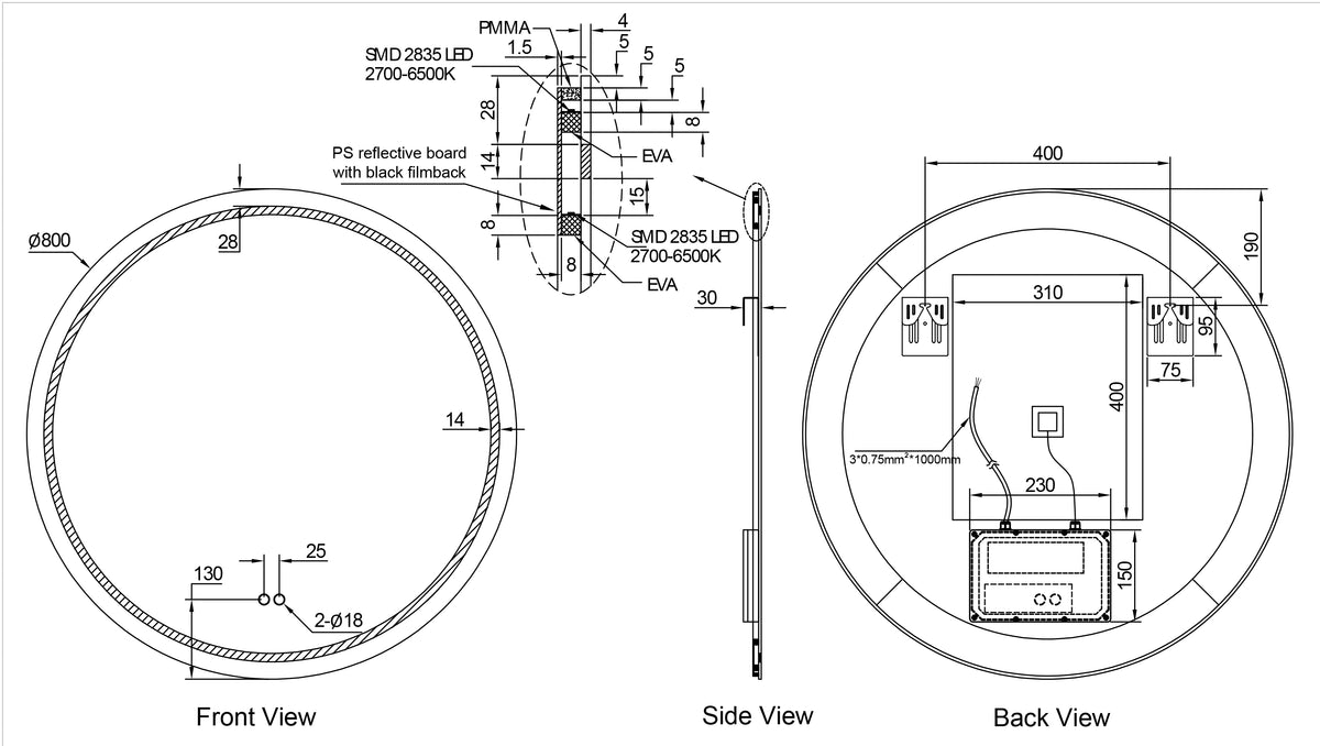 Wiesbaden lumora spiegel rond met LED, dimbaar en spiegelverwarming 80 cm, maattekening