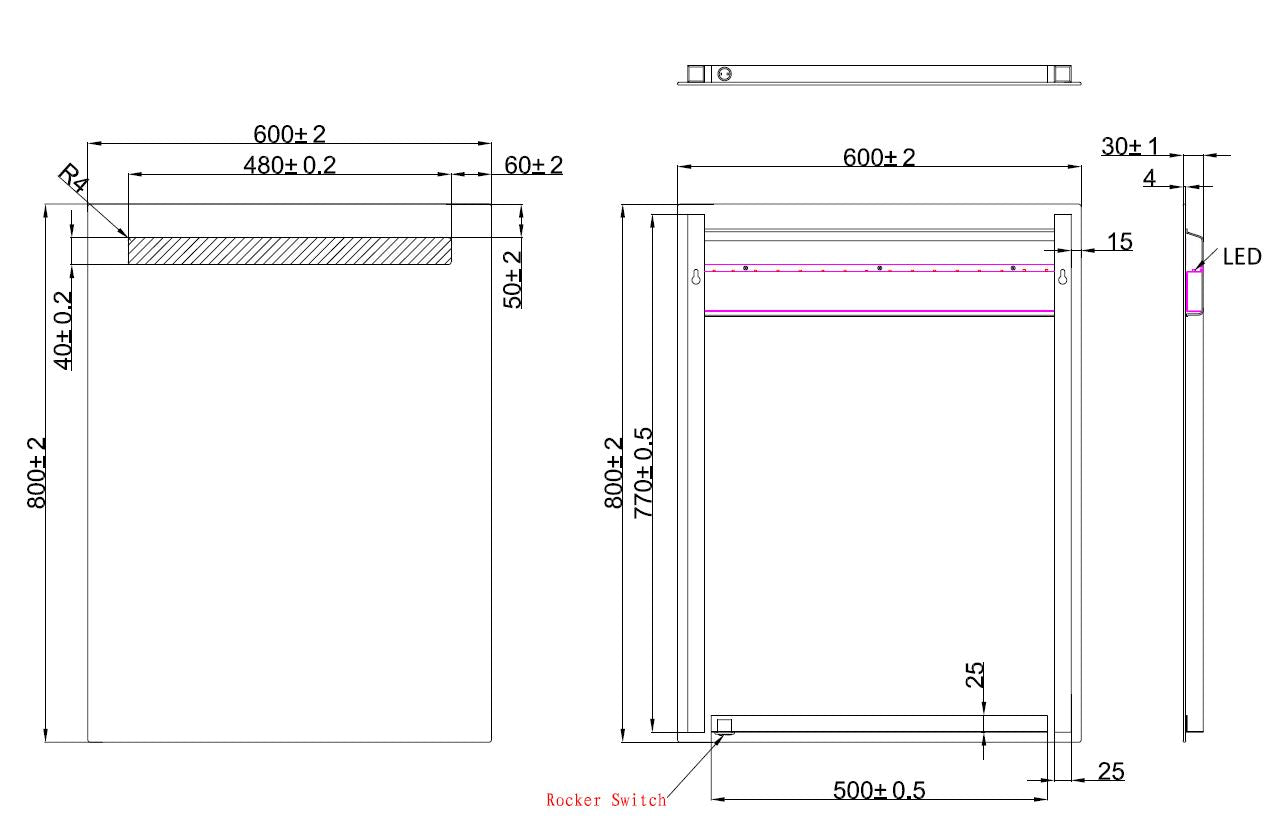 Tigris spiegel rechthoek met LED 60 x 80 cm