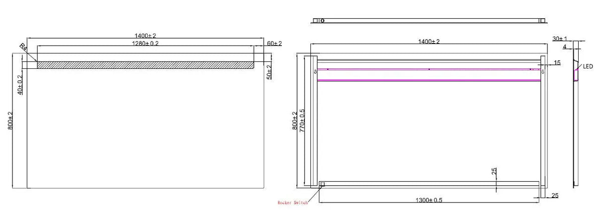 Tigris spiegel rechthoek met LED 140 x 80 cm
