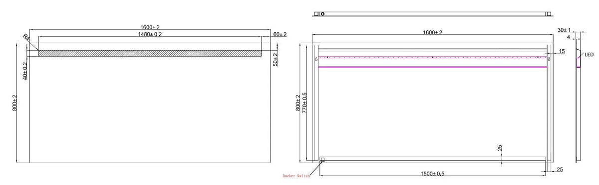Tigris spiegel rechthoek met LED 160 x 80 cm