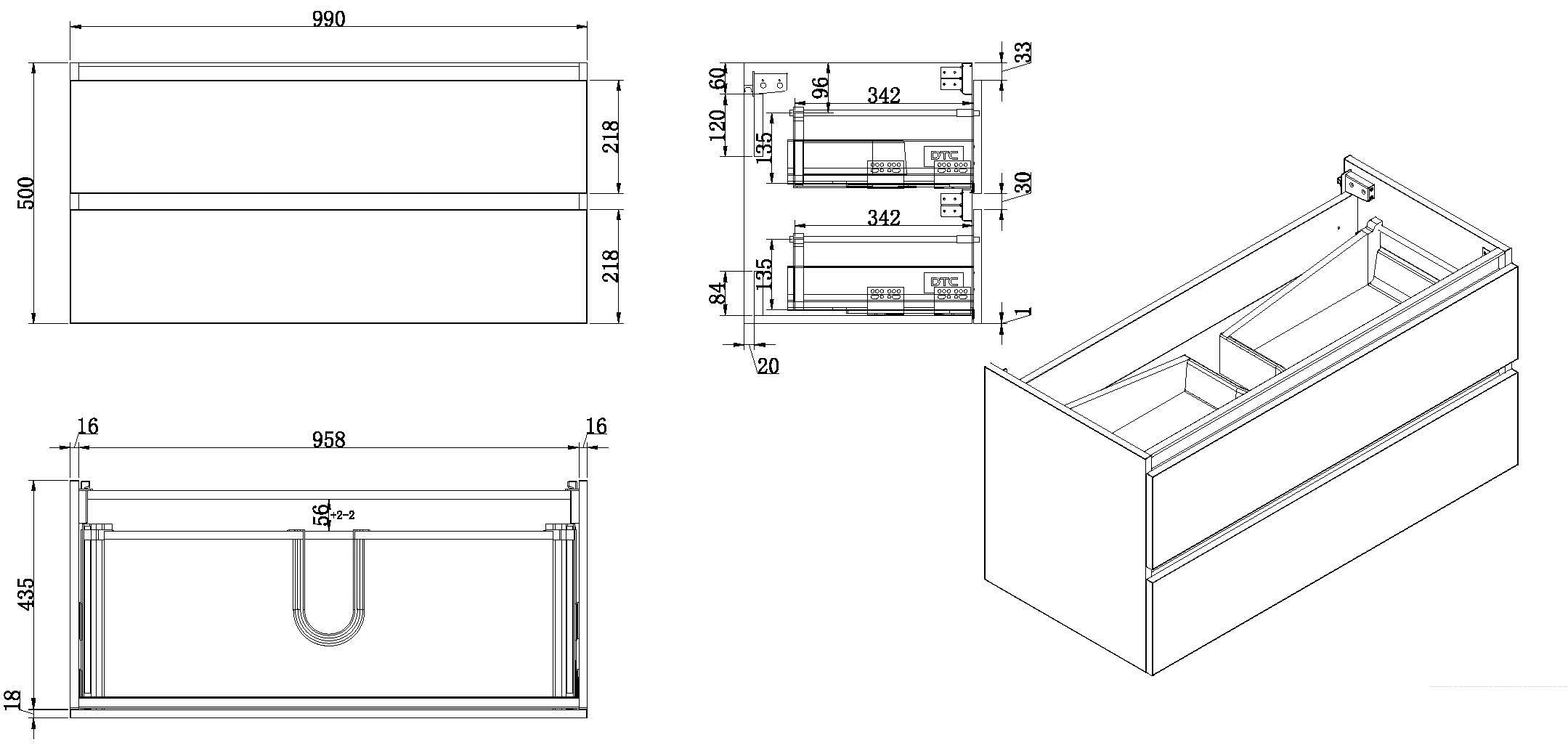 Vision onderkast met 2 laden 100 x 46 cm hoogglans grijs