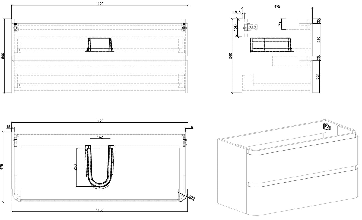 Wiesbaden Novira onderkast afgeronde hoeken met 2 laden 1 uitsparing 120 x 48 cm mat zand, maattekening