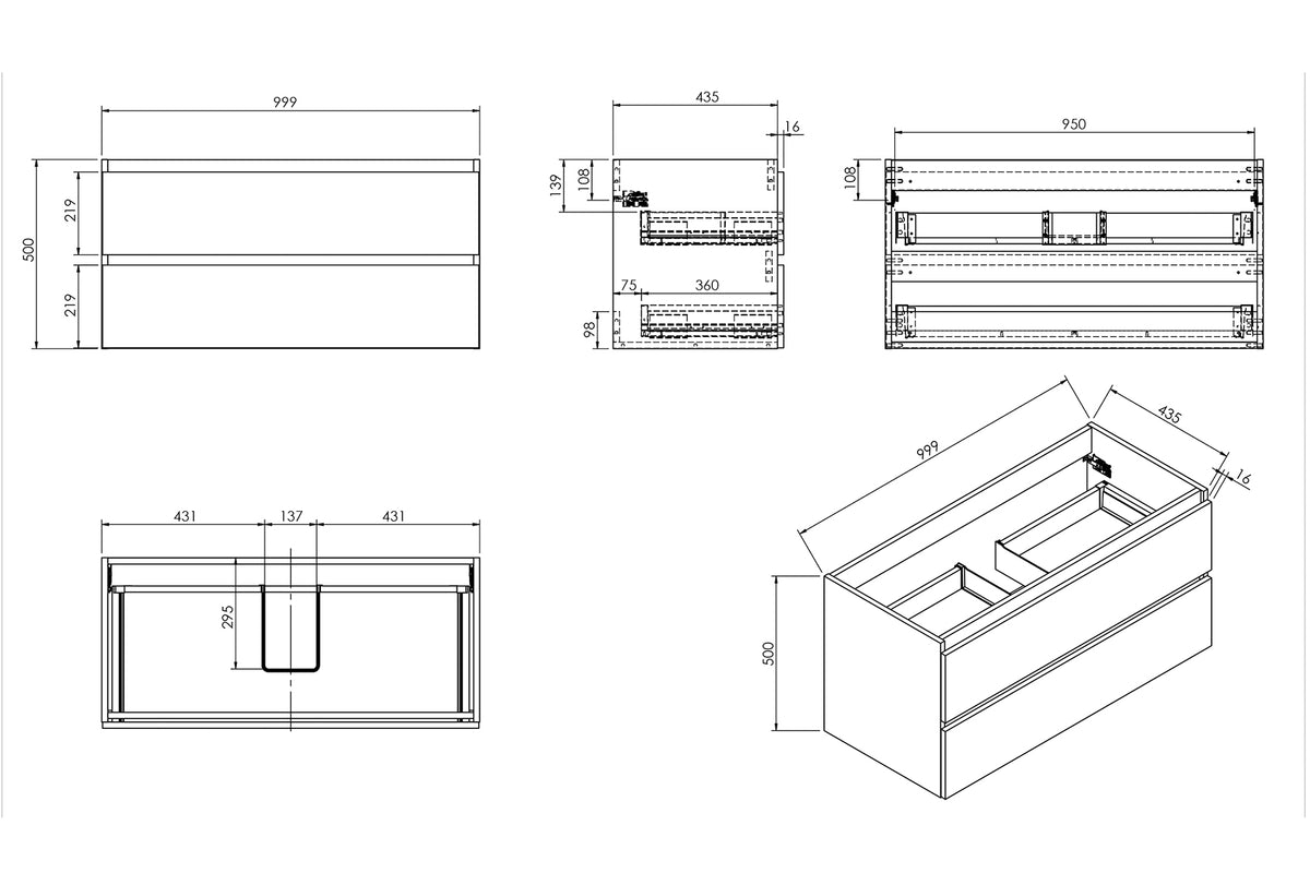 Wiesbaden Alvara onderkast met 2 laden 1 uitsparing 100 x 46 cm warm eiken, maattekening