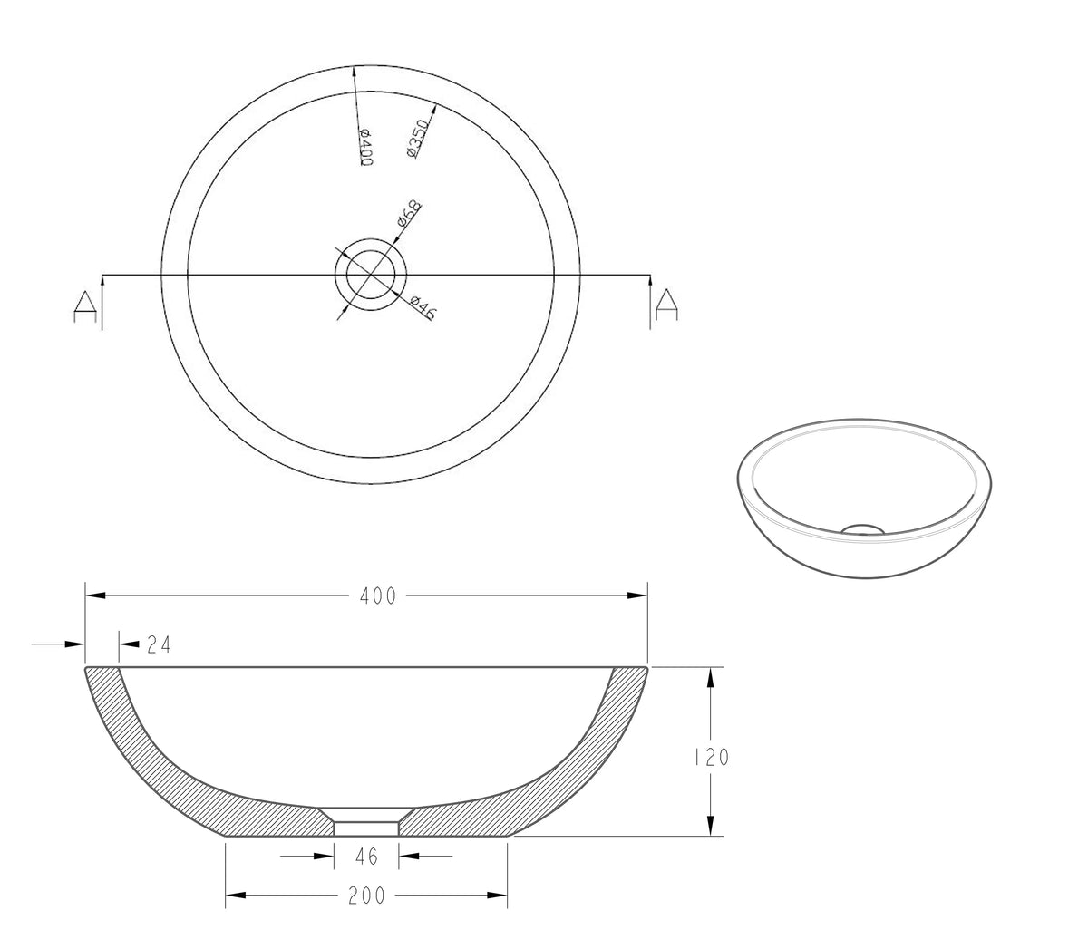 Raw waskom rond 40x12 cm hardsteen gezoet