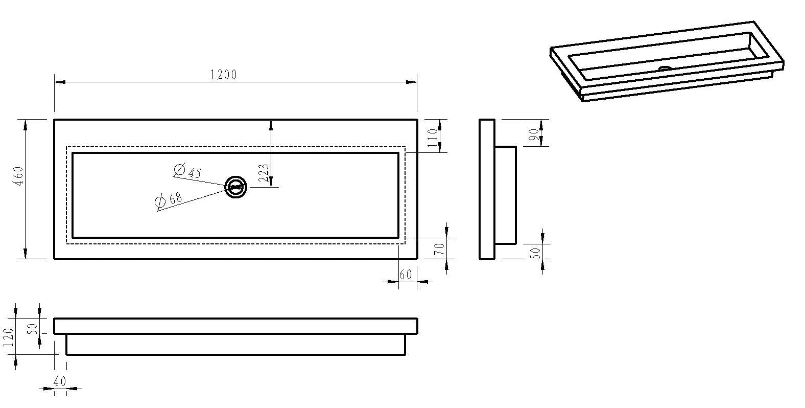 Raw wastafel enkel zonder kraangat 120x46x5 cm hardsteen gezoet