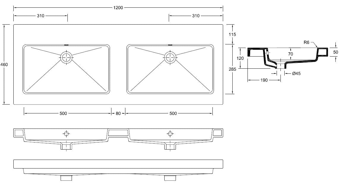 Kera wastafel dubbel zonder kraangat 120x46x5 cm keramiek glans wit