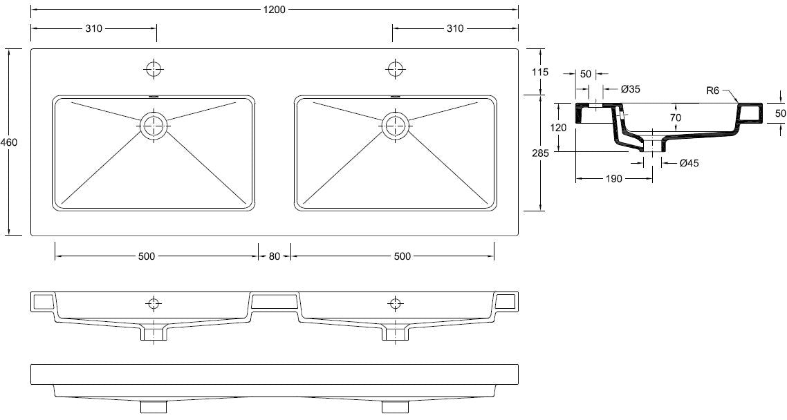Kera wastafel dubbel met 2 kraangaten 120x46x5 cm keramiek glans wit