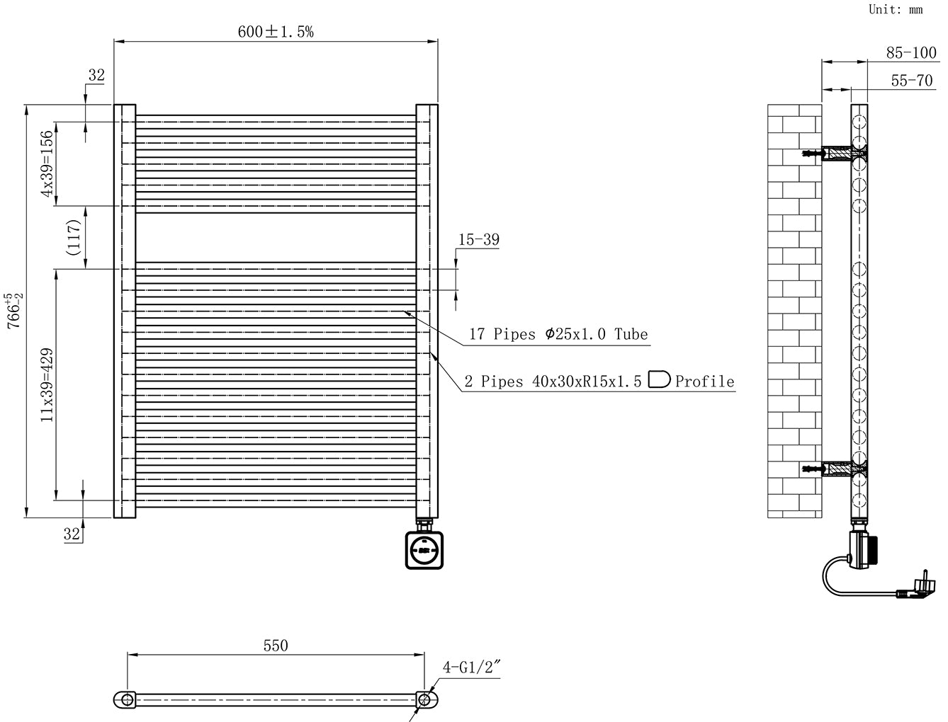 Elara elektrische radiator Smart WiFi 76,6 x 60 cm gunmetal PVD