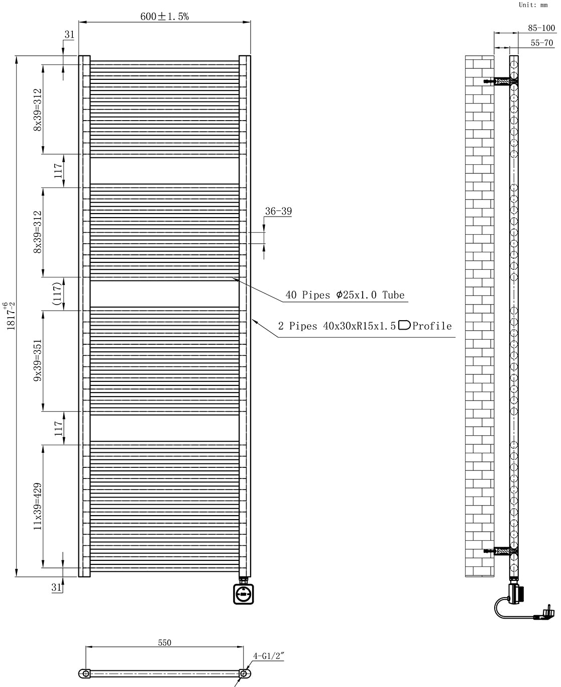 Elara elektrische radiator Smart WiFi 181,7 x 60 cm gunmetal PVD