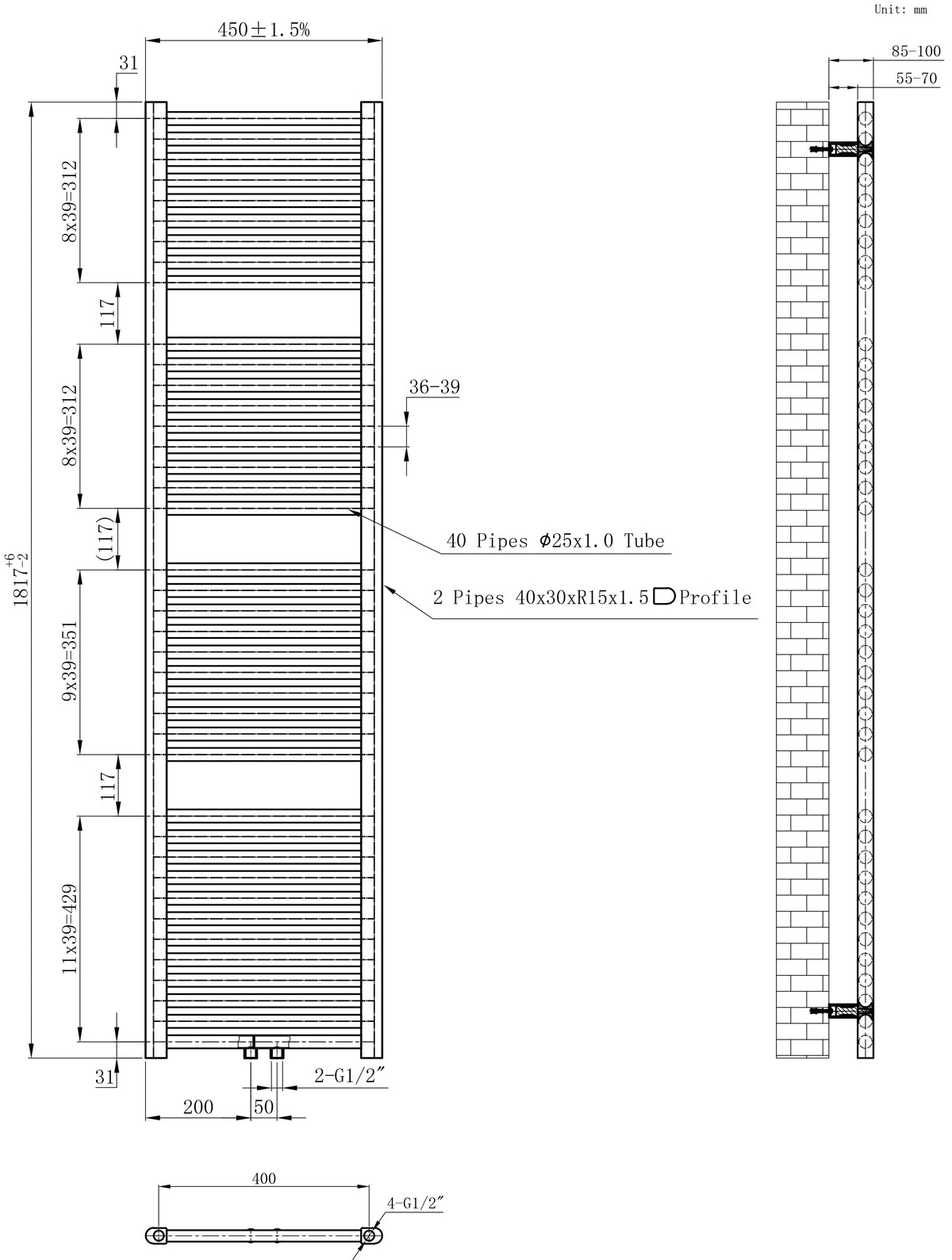 Wiesbaden Elara sierradiator 181,7 x 45,0 cm mat zwart, maattekening