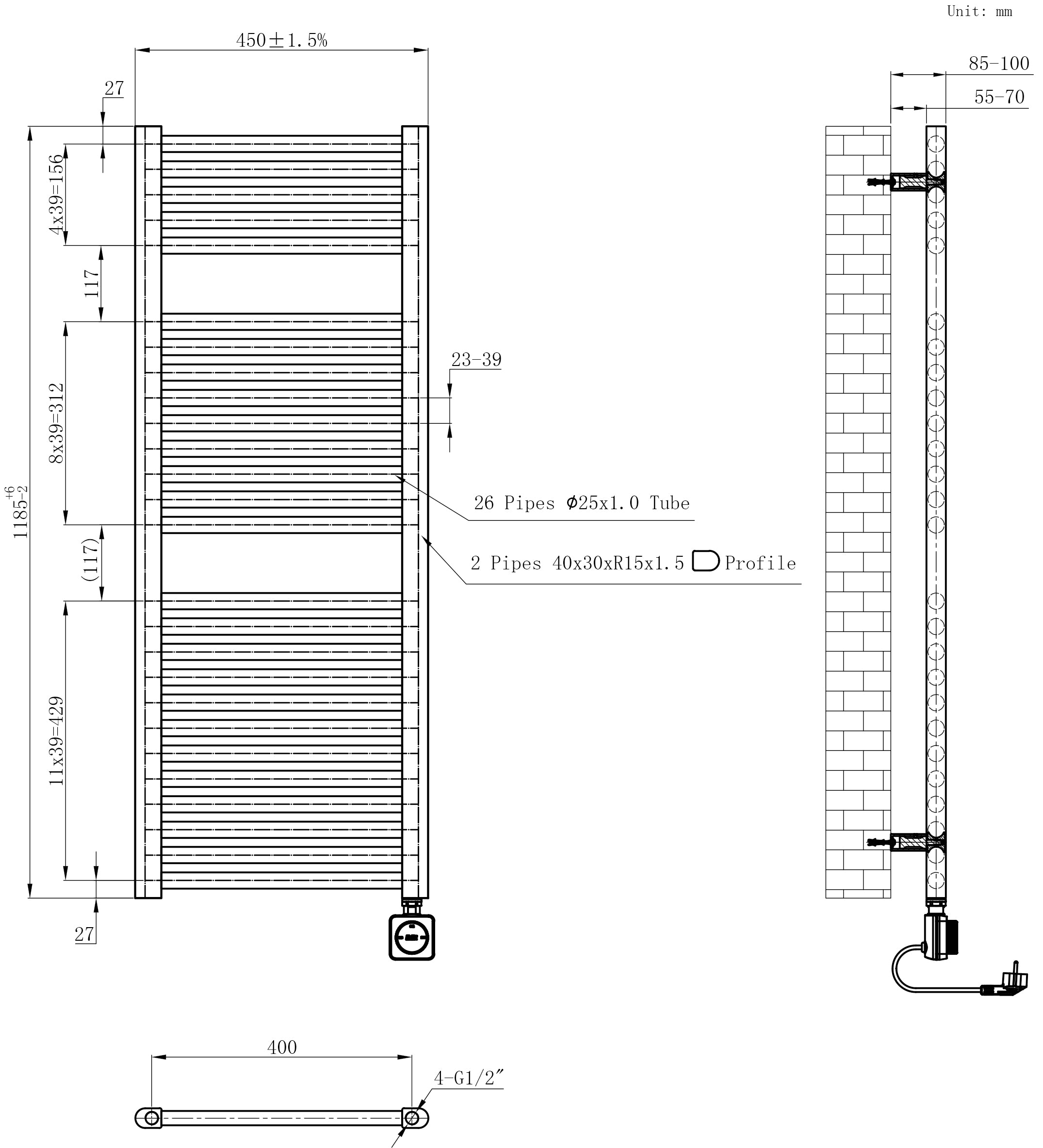 Elara elektrische radiator Smart WiFi 118,5 x 45 cm glans wit