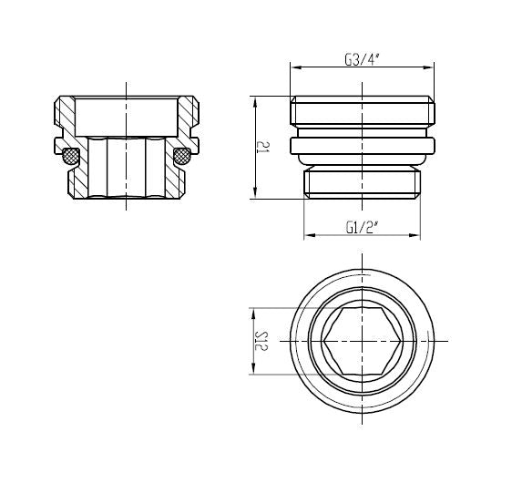 adaptor 3/4 x1/2 midden-onder aansl. chroom
