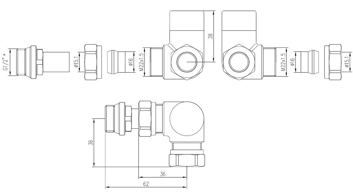 luxe regelvent. 1/2''x15 (M22) knel haaks verkeerd chroom