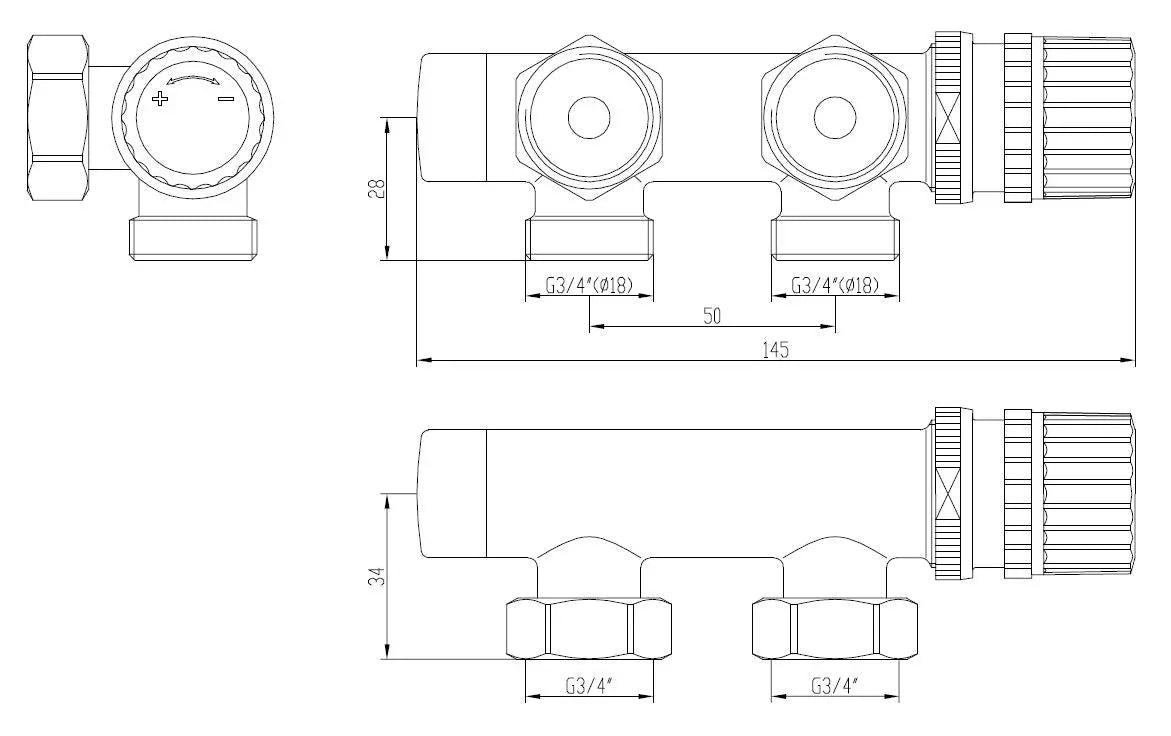 thermostatisch 3/4 onderblok haaks-links mat zwart