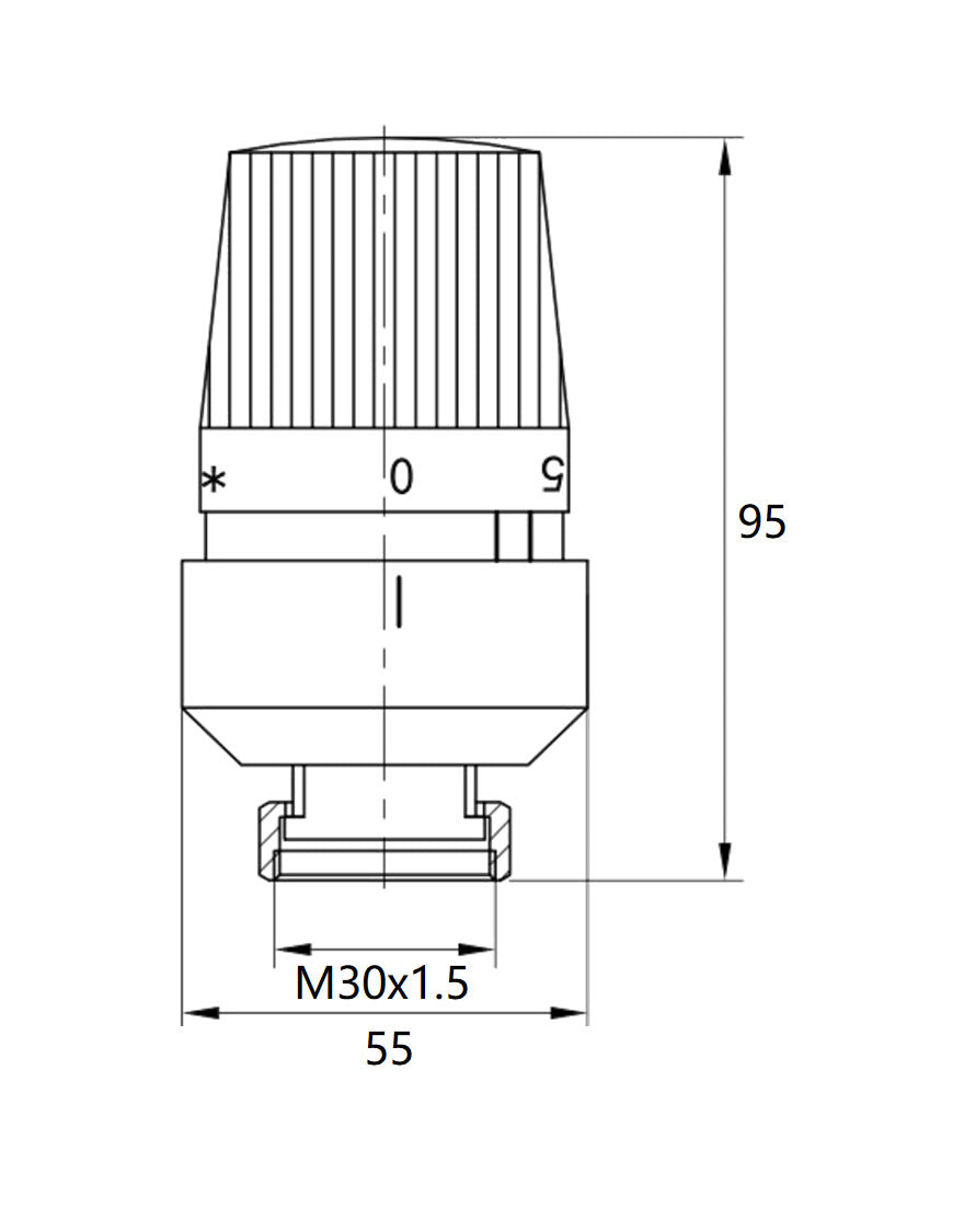 Riko thermostatische radiatorventiel 1/2''x15mm recht mat-zwart, maattekening