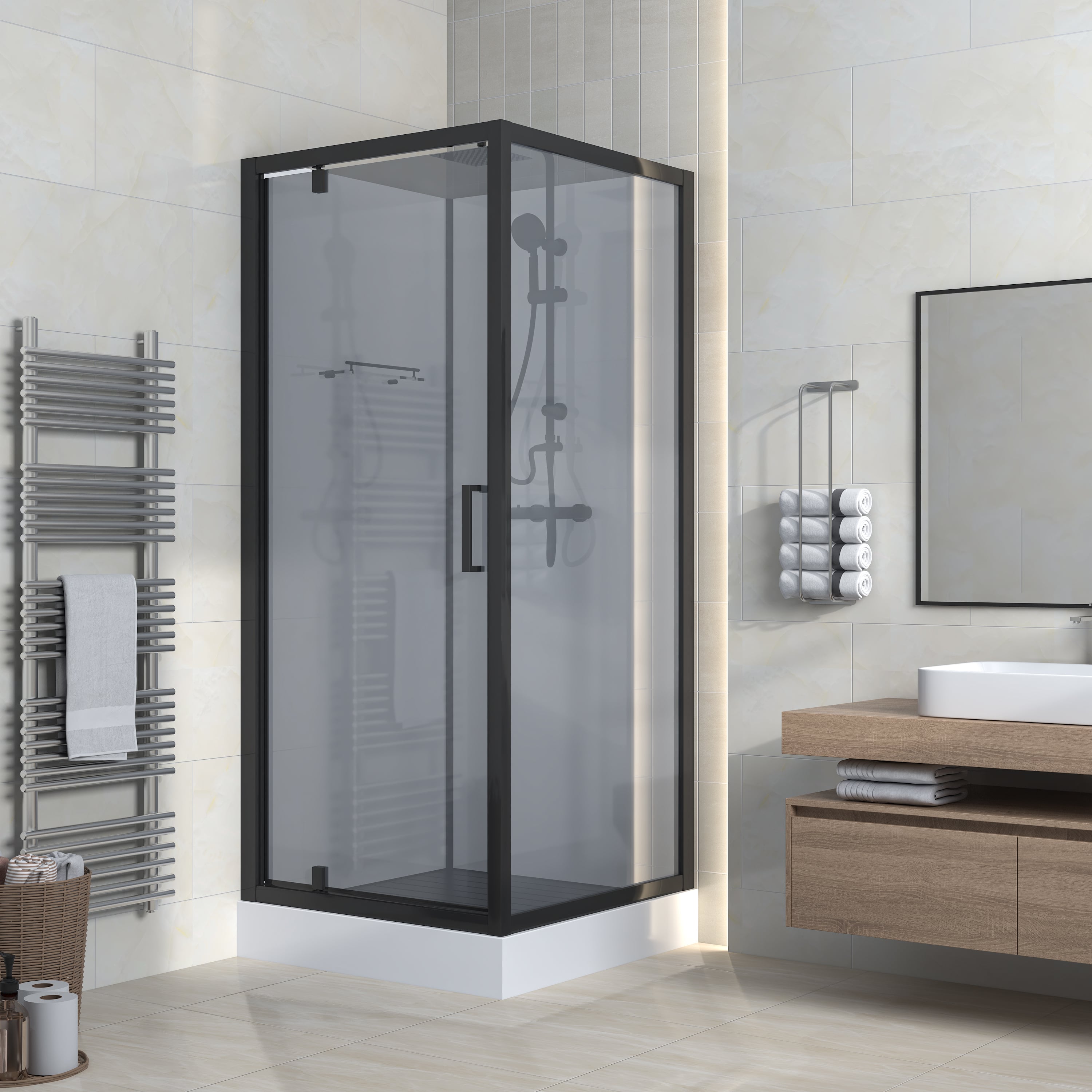 Marani complete douchecabine met draaideur - omkeerbaar - 90x225x90 cm - mat zwart - grijs rookglas