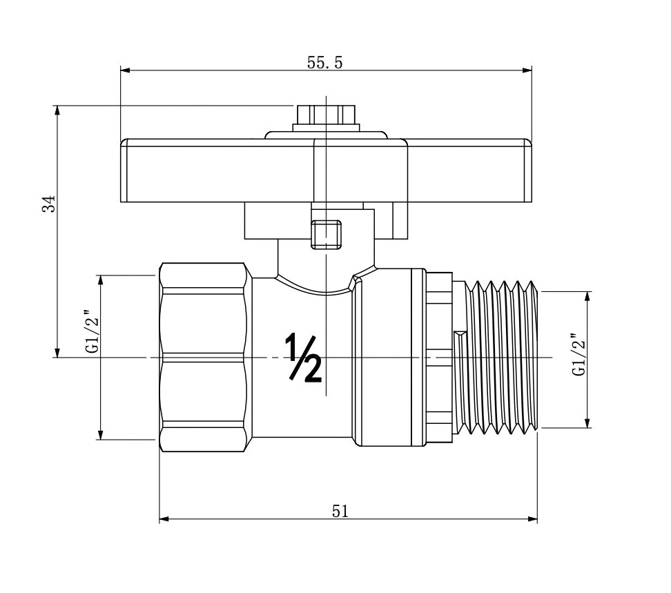 Kogelstopkraan met vlindergreep draad 1/2F x 1/2M