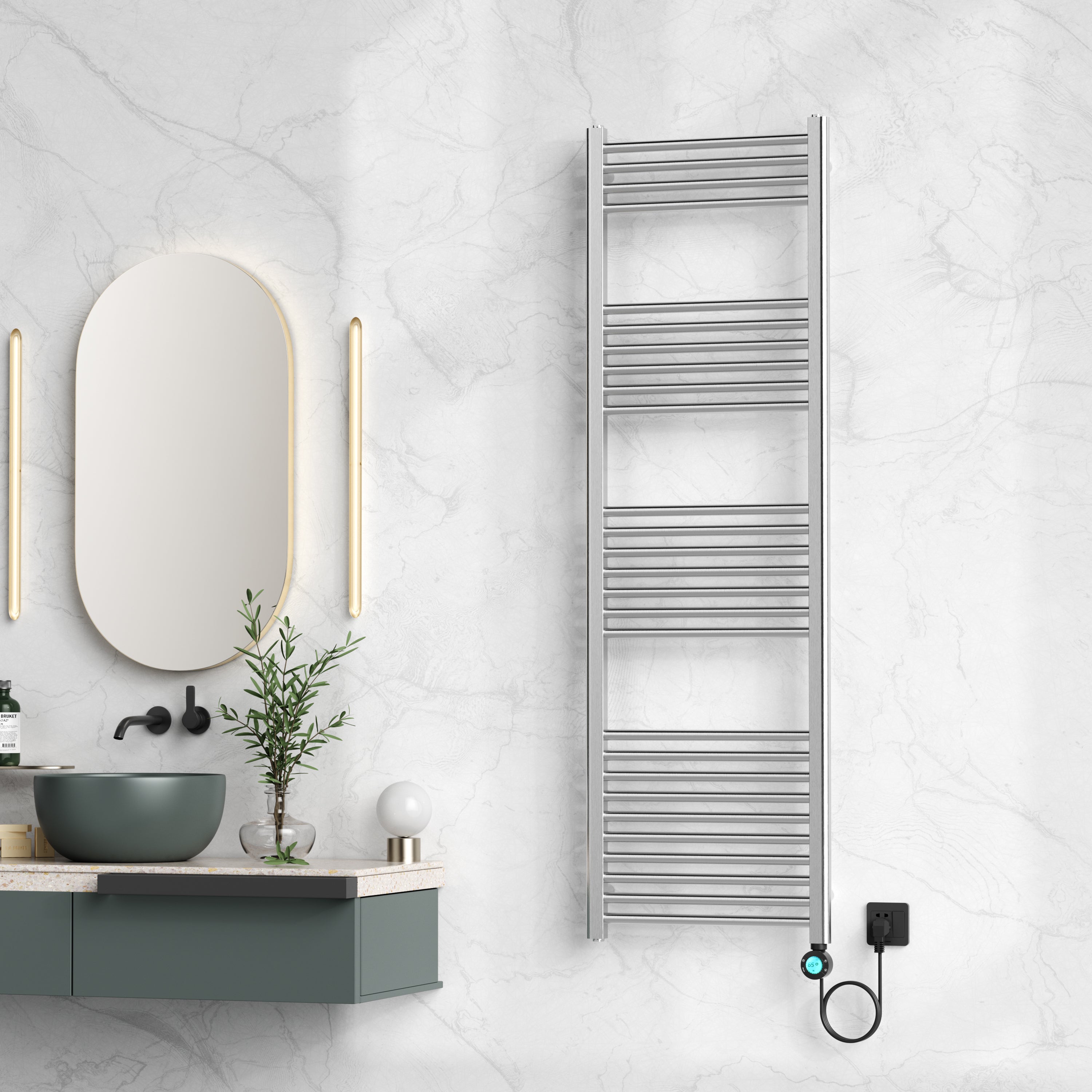 Belrad elektrische handdoekdroger - met digitale, programeerbare thermostaat - smart wifi - aansluiting rechts - 700w - 1600x500 mm - geborsteld rvs