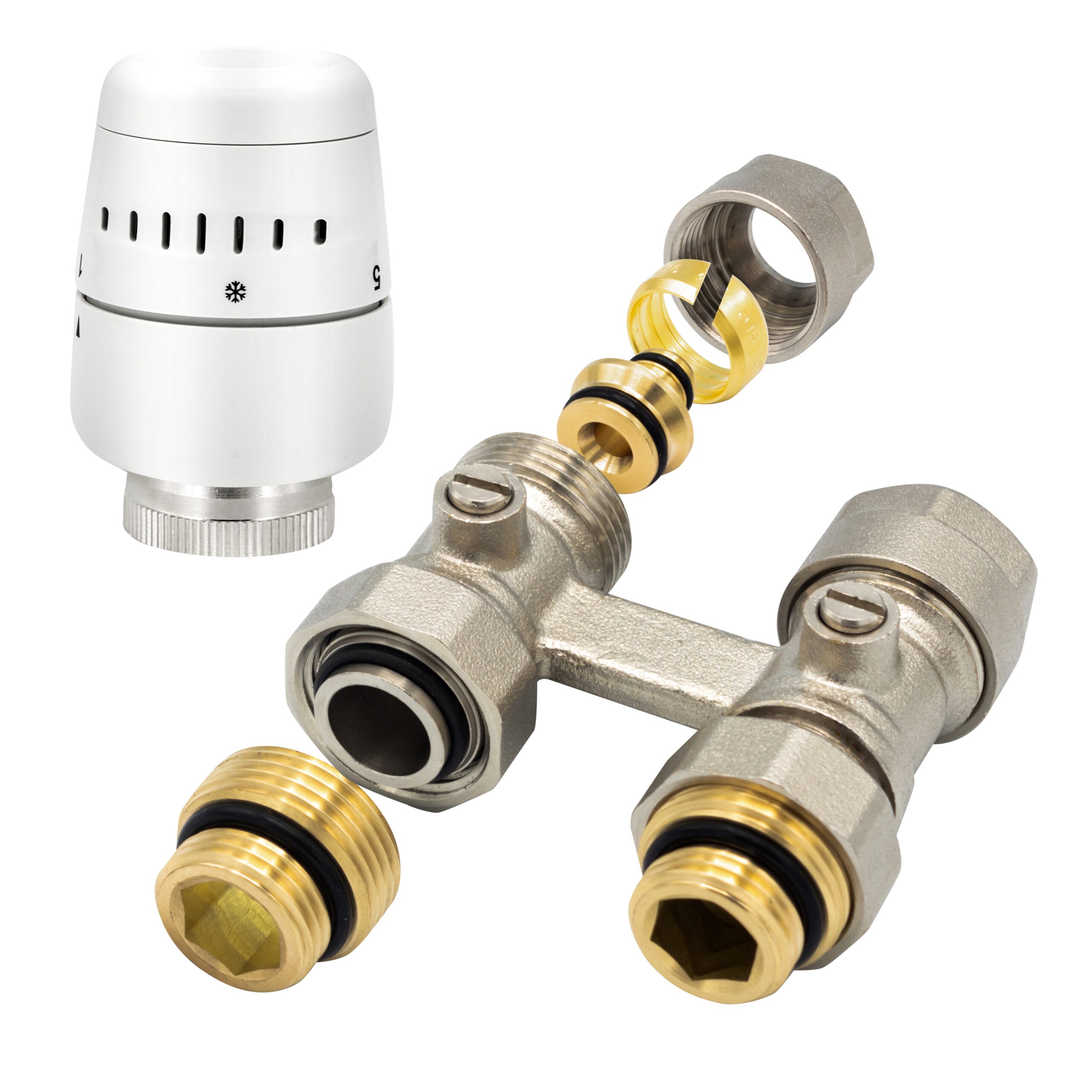 Belrad h-blok - radiatoraansluitset compleet - met thermostaatknop - recht - vloeraansluiting - m30 -1/2mx16/2 - nikkel/wit