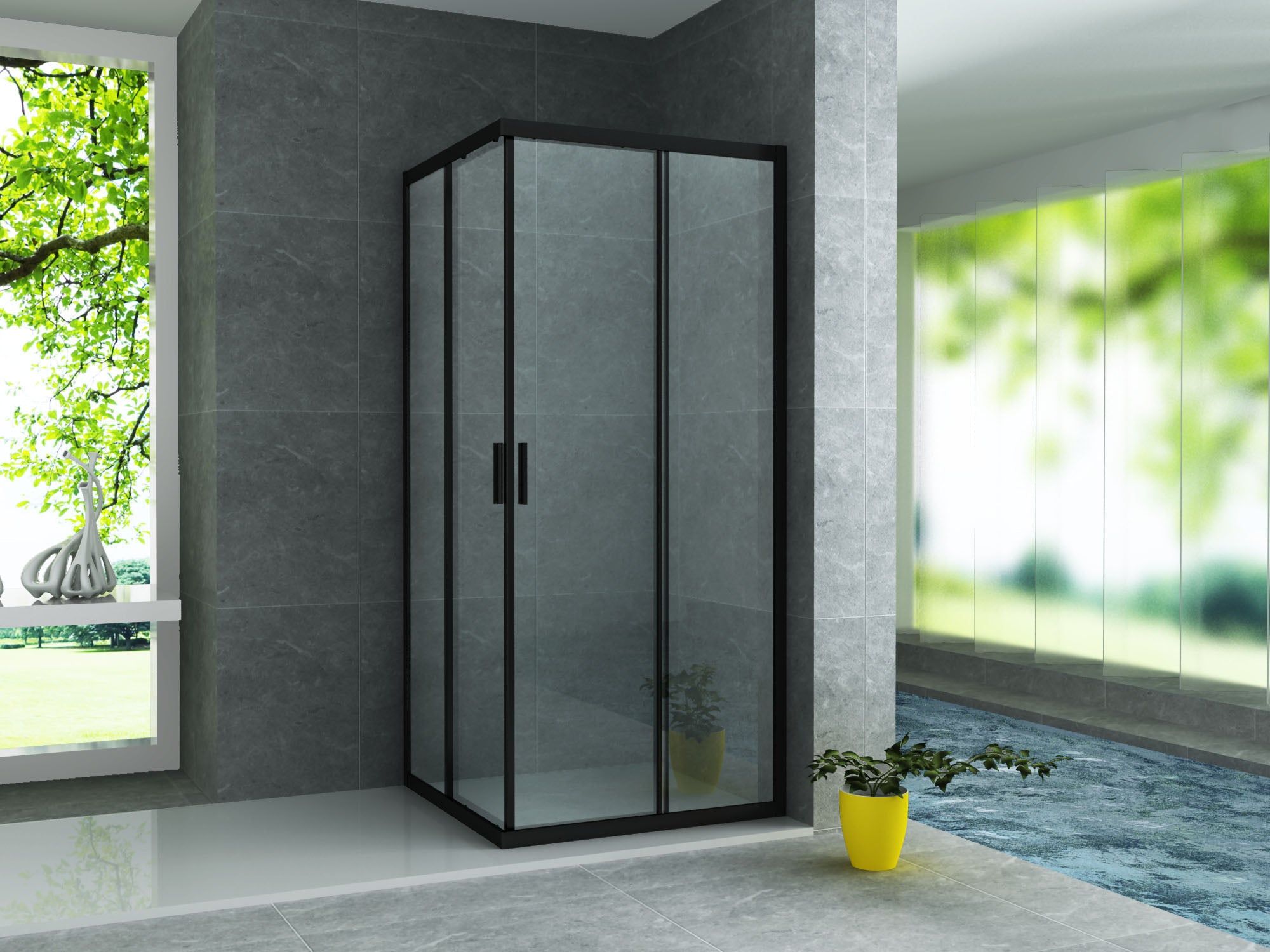 Aloni douchecabine hoekinstap met 2 schuifdeuren- met anti-kalk behandeling - omkeerbaar - 6mm veiligheidsglas - 80x80x195 cm - mat zwart - helder glas