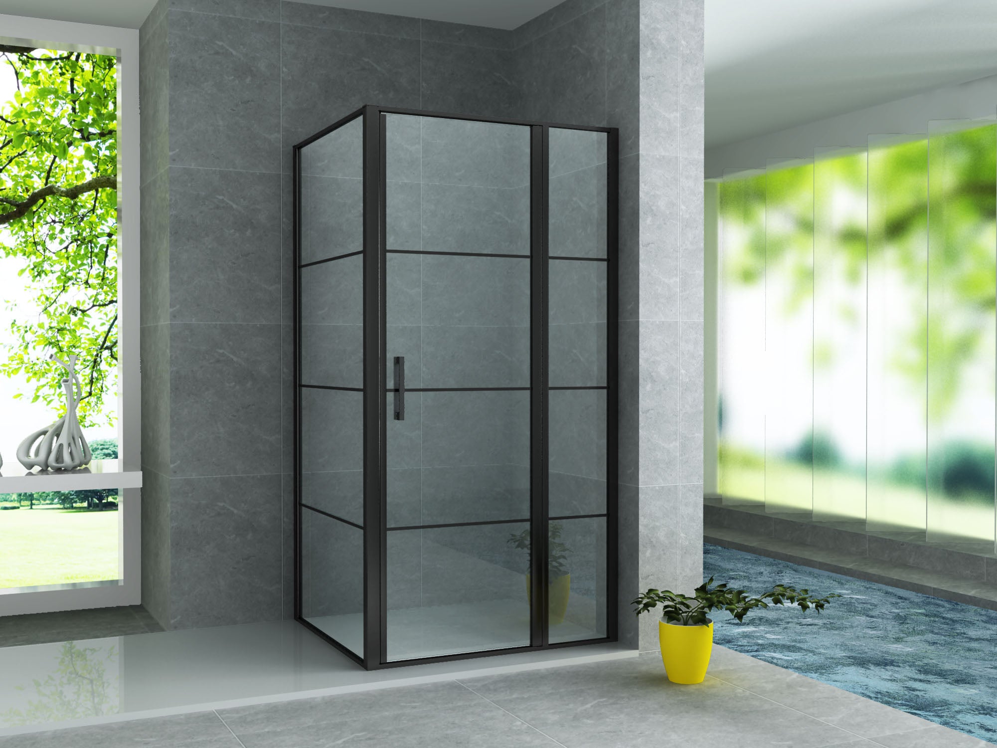 Aloni douchecabine met draaideur, vast wandje en zijwand - met anti-kalk behandeling - omkeerbaar - 8mm veiligheidsglas - 90x120x200 cm - mat zwart- helder glas met zwart raster