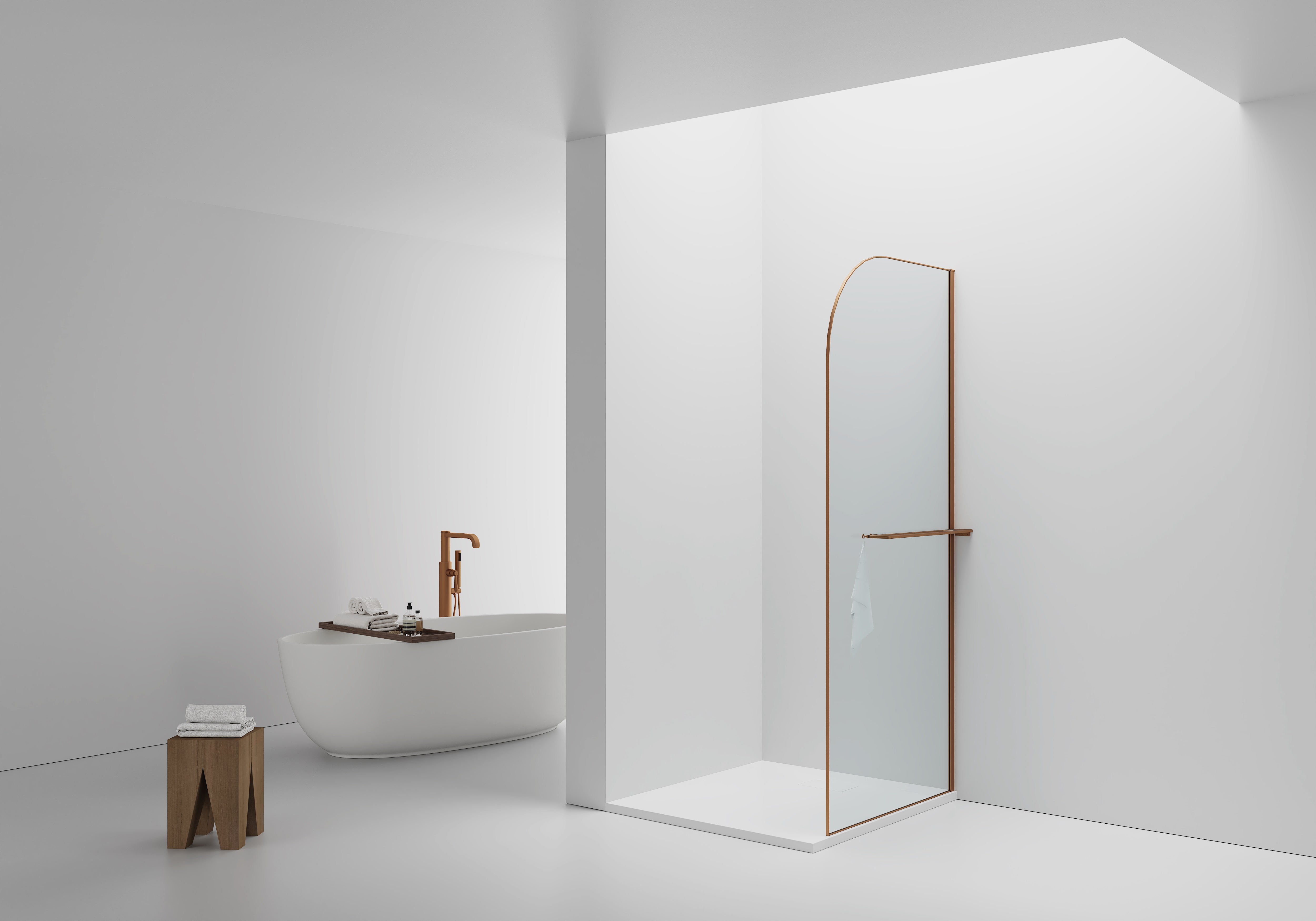 Curvy inloopdouche met handdoekhouder - gebogen - met anti-kalkbehandeling - omkeerbaar - 8mm veiligheidsglas - 100x200cm - geborsteld koper - helder glas