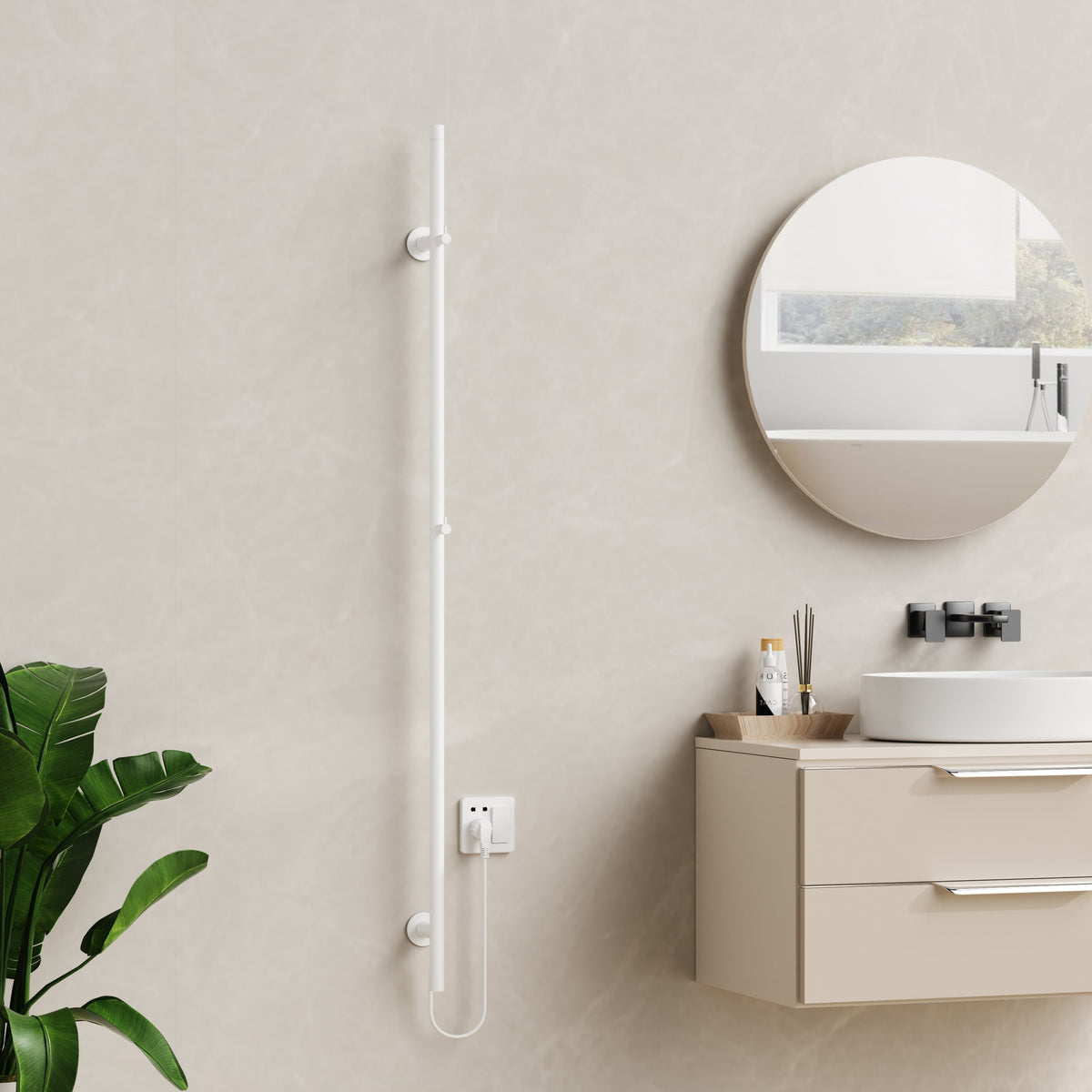 Belrad elektrische staafhanddoekdroger - enkel - met digitale, programmeerbare thermostaat - 60w - ø2,5cm - 150x6,3x12,7 cm - glanzend wit, sfeerbeeld