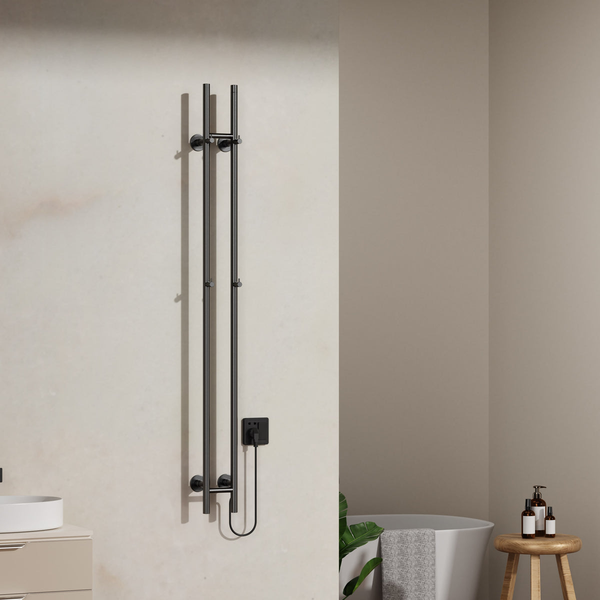 Belrad elektrische staafhanddoekdroger - dubbel - met digitale, programmeerbare thermostaat - 120w - ø2,5cm - 150x16,8x12,7 cm - gunmetal, sfeerbeeld