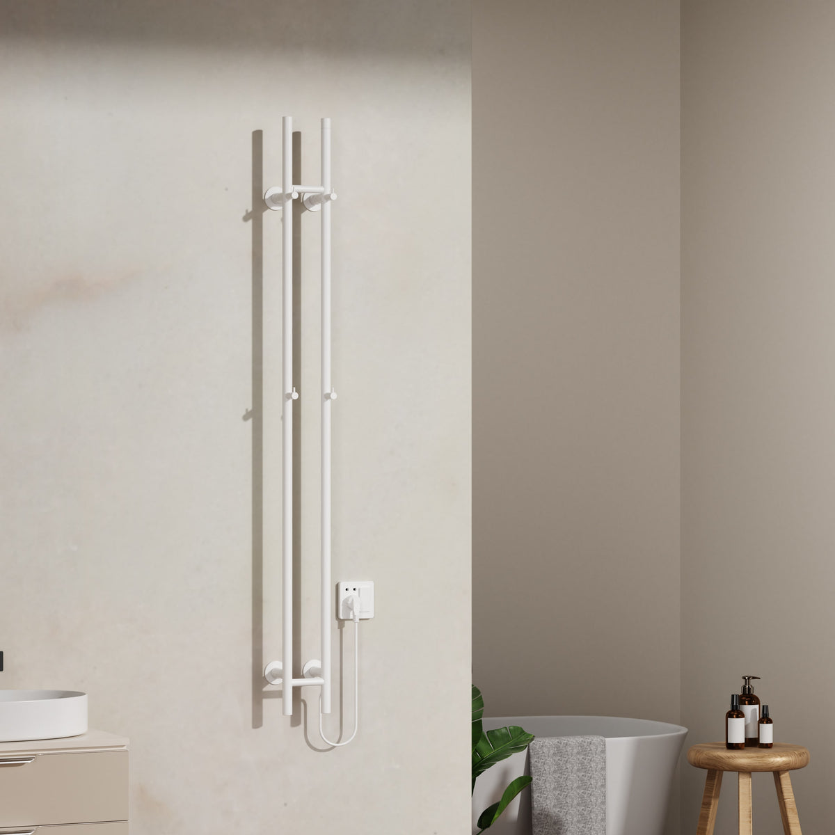 Belrad elektrische staafhanddoekdroger - dubbel - met digitale, programmeerbare thermostaat - 120w - ø2,5cm - 150x16,8x12,7 cm - glanzend wit, sfeerbeeld