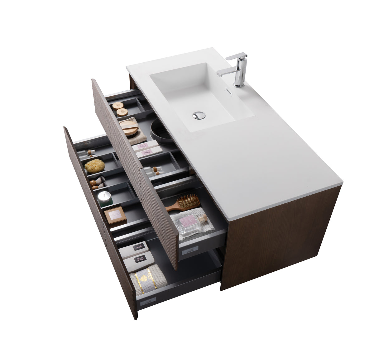 SH Layda wastafelonderkast - 4 lades - greeploos - soft close – 119x49x52 cm - donker walnoten