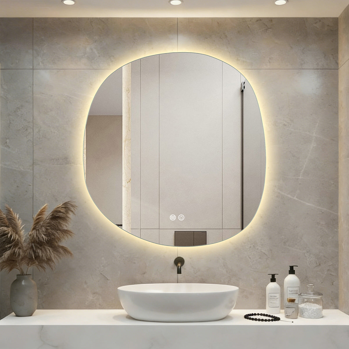 Aloni pebble spiegel - met LED verlichting - organisch - zonder lijst - anti-condens - kleurtemperatuur LED 3000-6000k - dimb