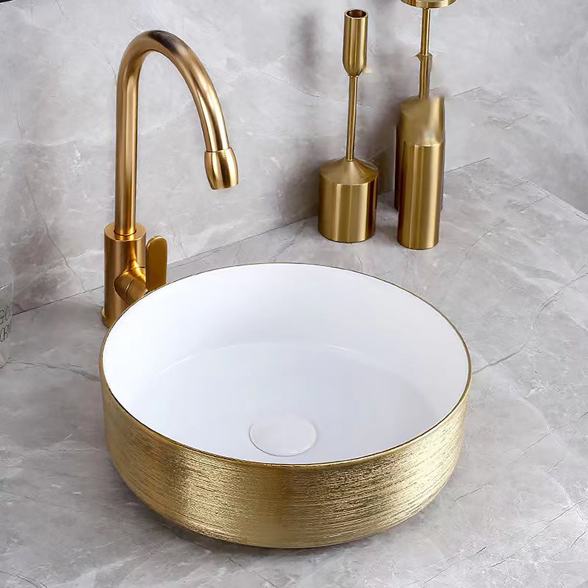 Aloni turo waskom met reliëf - opbouw - zonder overloop - zonder kraangat - keramiek - 36x12x36 cm - goud/glanzend wit