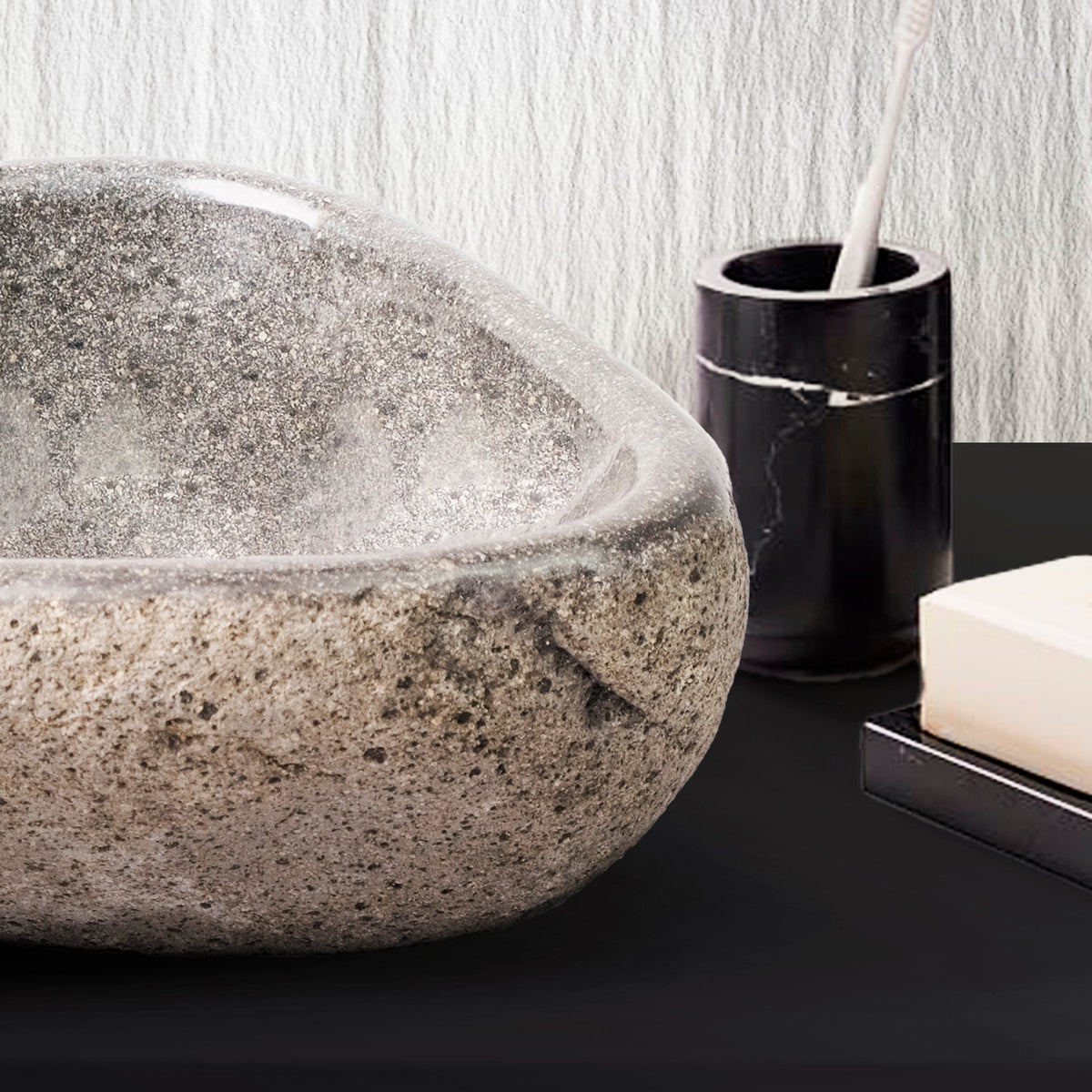 Aloni Ronde waskom van natuurlijke riviersteen dunne rand - grijs 30-35x15x1,5cm