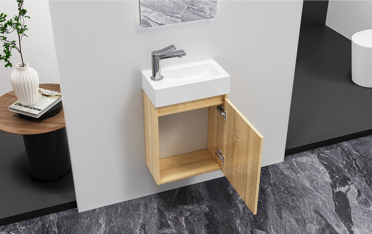Aloni zyro toiletmeubelset - compleet - onderkast met 1 deur - greeploos - soft close - omkeerbaar - spiegel - fontein - 40,5x22,5 cm - licht eiken/glanzend wit