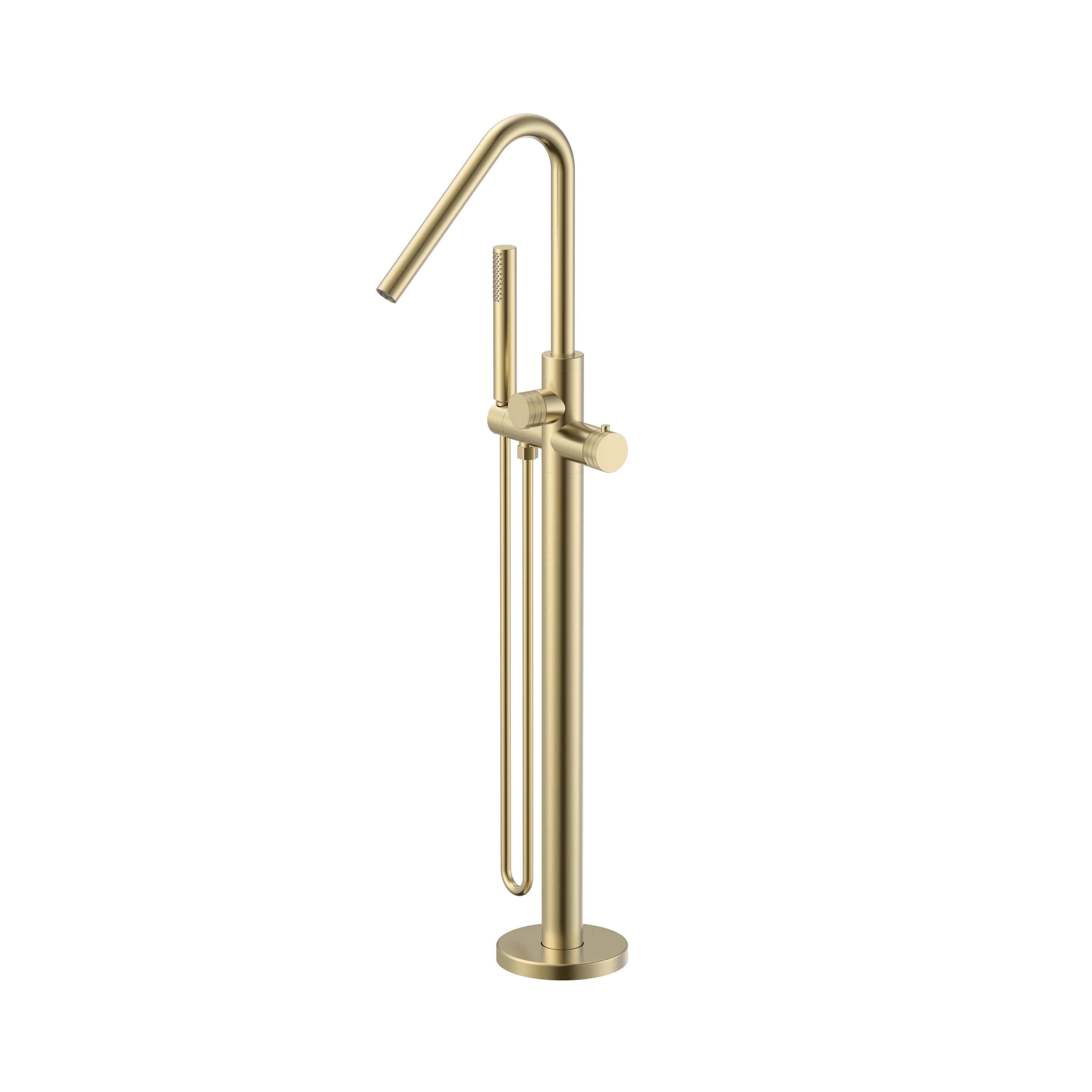 Stria badmengkraan - vrijstaand - thermostatisch - met handdouche en doucheslang - knoppen met ribbelstructuur - geborsteld goud (pvd)